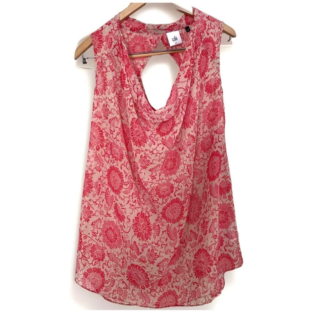 Cabi Womens Blouse Small Pink Floral Vita Sleeveless Cut Out Back Lotus Flower